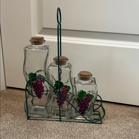 Glass Grape Bottle Set with Metal Stand - Picture 1 of 8